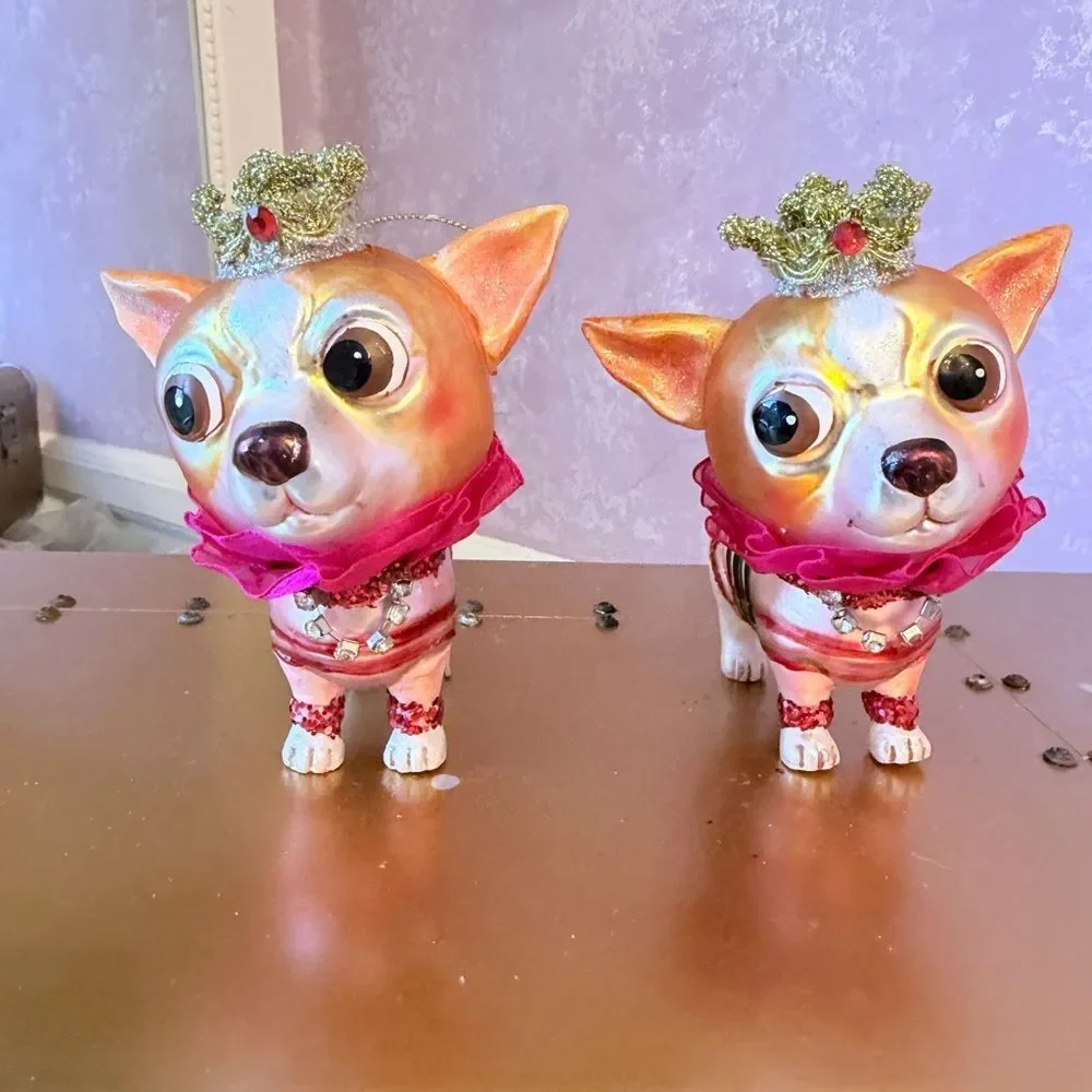 Hand Blown Chihuahua Dog Figurine with Crown and Pink Collar